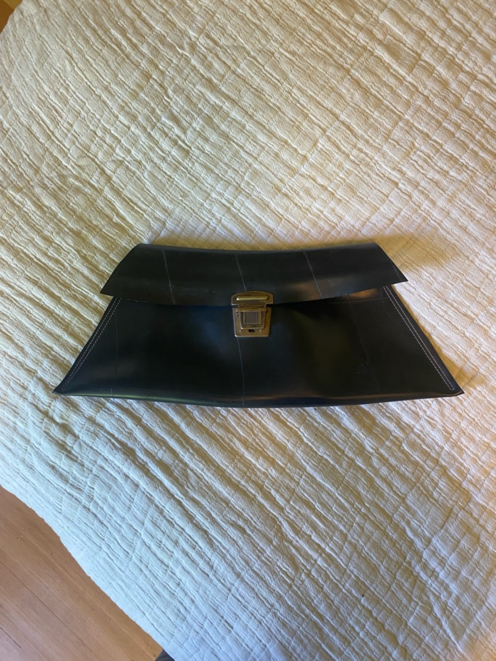 Handmade Retro Black Leather Envelope Clutch with Gold Lock